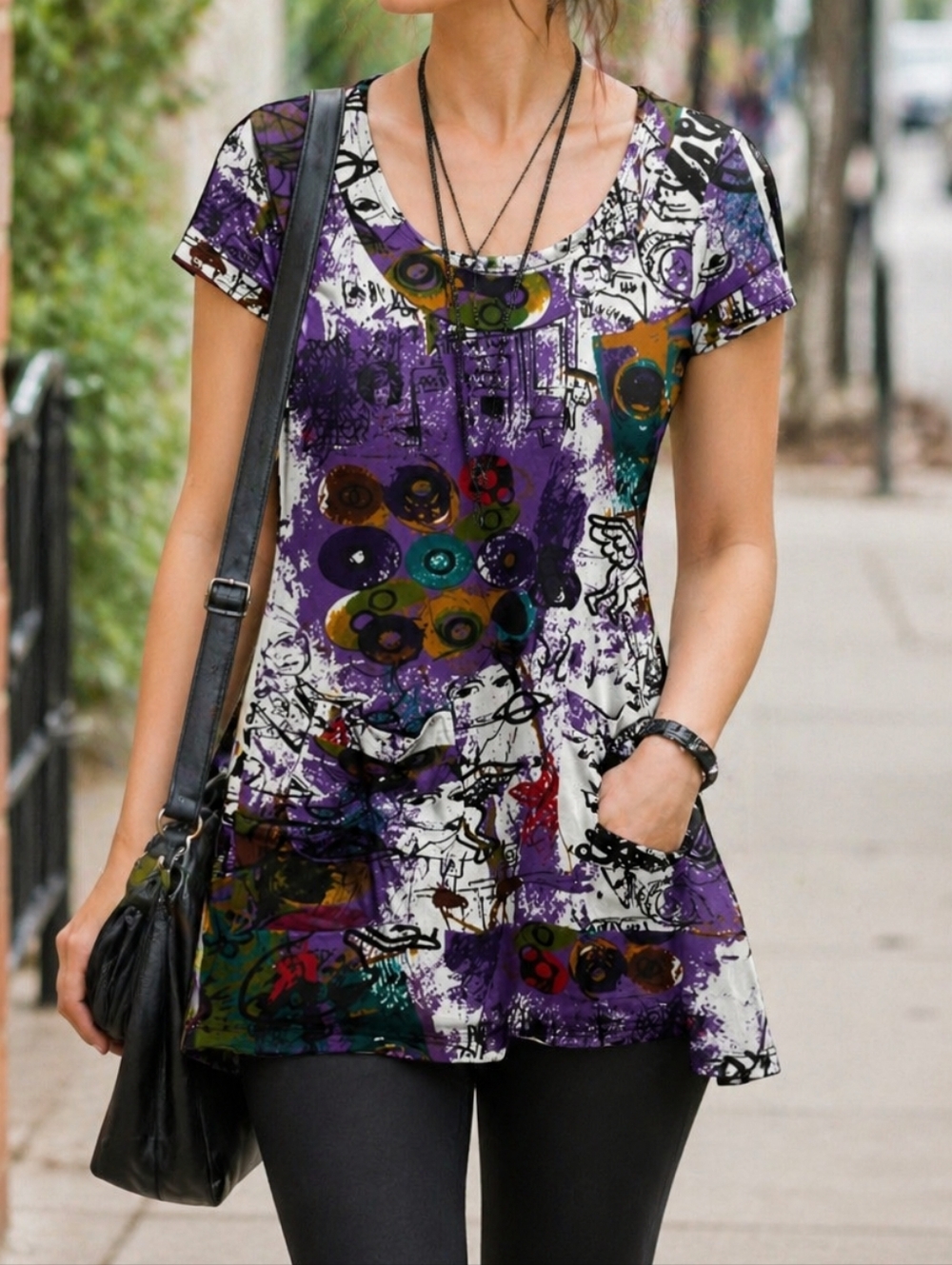 Papillon Blanc Purple Abstract Graphic Art Tunic Top Artsy Boho Funky Statement